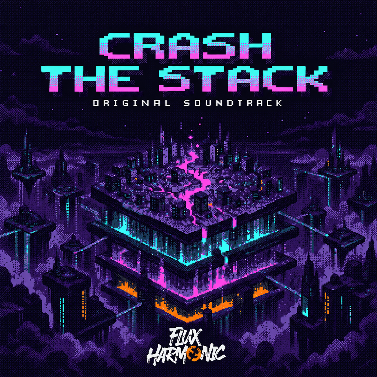 Crash The Stack - Original Soundtrack. A neon violet tower beneath the game title, with the Flux Harmonic logo.